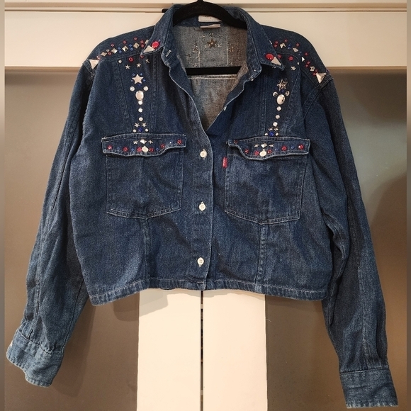 Vintage Levis Cropped Jean Jacket Rhinestones Studded - Picture 1 of 15